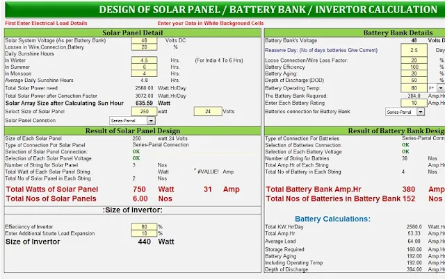 DESIGN OF SOLAR PANEL - BATTERY BANK  -INVERTOR CALCULATION