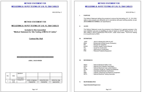 Read more about the article Method Statement – Meggering & Hi-Pot Testing 35kv Cables