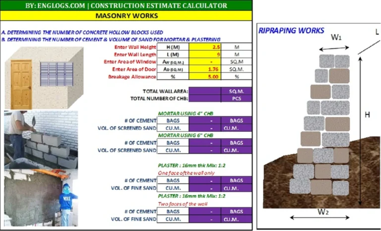 Masonry works Estimate Calculator - Excel